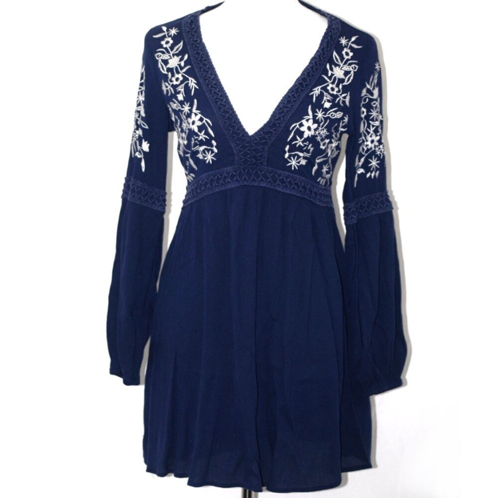 Navy Blue Mini Dress Embroidered Floral Textured Blue Rain Womens Small